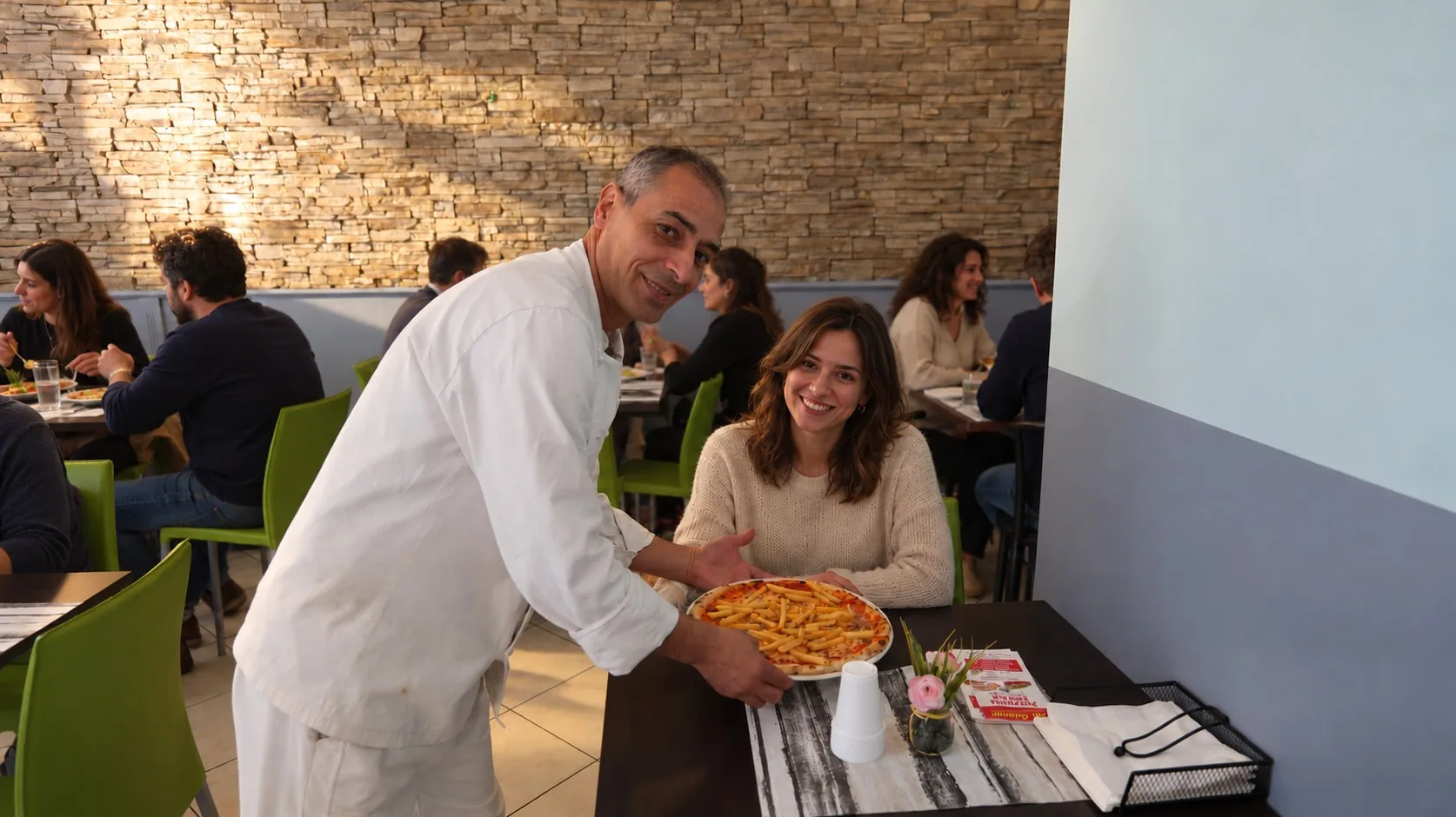 Mimmo sert la pizza.