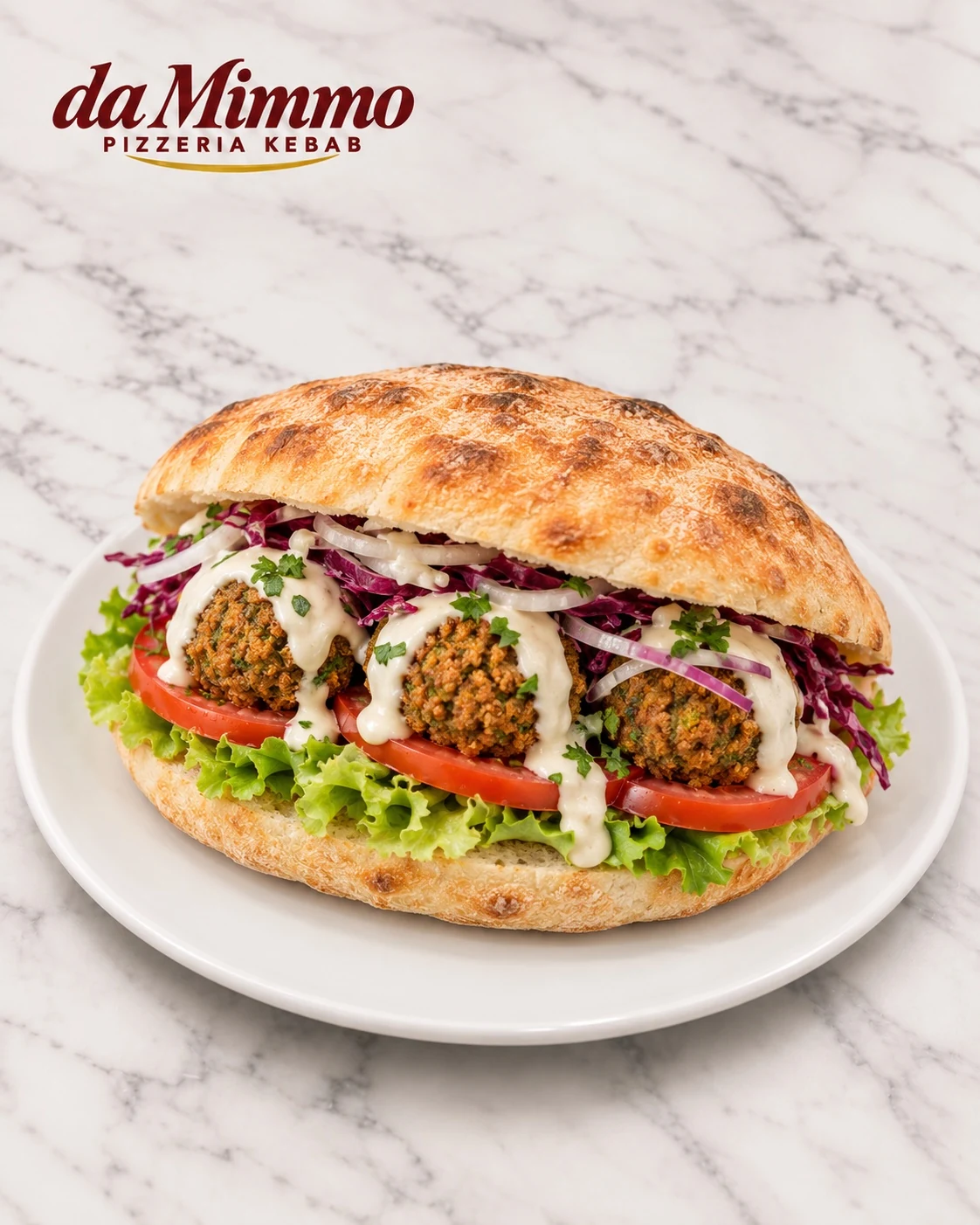 Falafel sandwich on white marble